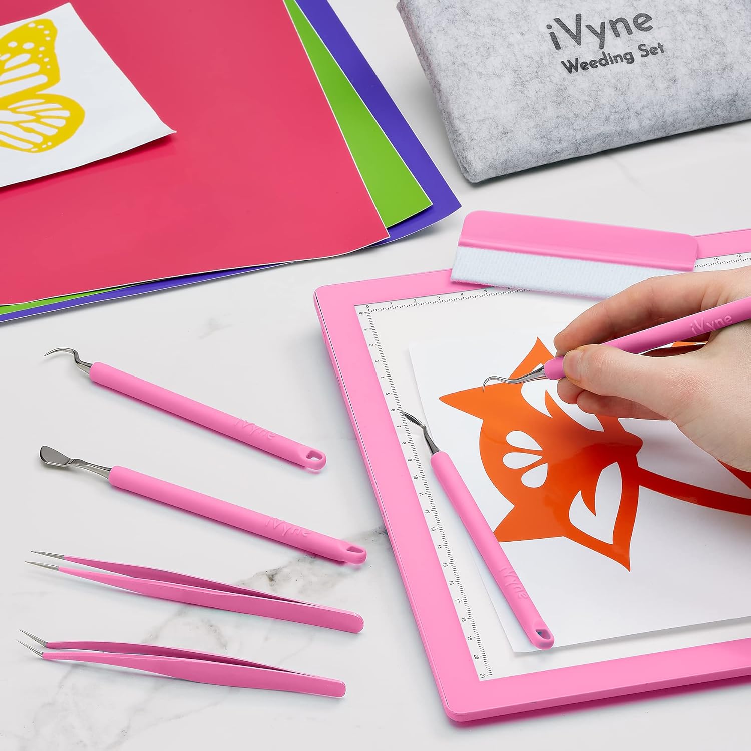 iVyne All-in-One Vinyl Weeding Kit: Rechargeable A4 Light Pad, Essential Craft Tools, and Patented Scrap Collector for Cricut, Silhouette & DIY Projects - Pink