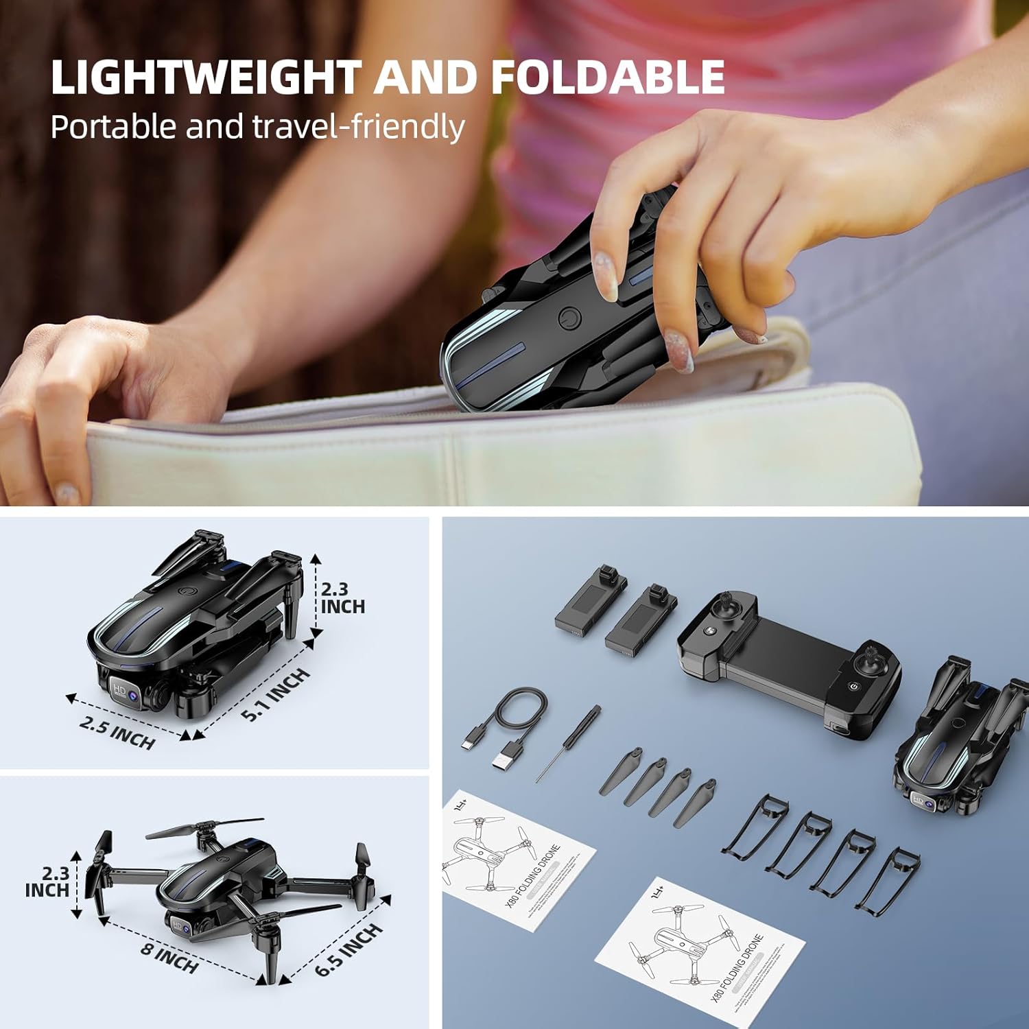 1080P HD Camera Drone for Beginners and Kids - Foldable FPV RC Quadcopter with Altitude Hold, Gesture Selfie, 3D Flips, and 2 Batteries