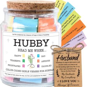 Inspirational Bible Verse Jar for Husband - Christian Gift for Men, Birthday, Anniversary & Valentine’s Day Present with Color-Coded Scripture Rolls