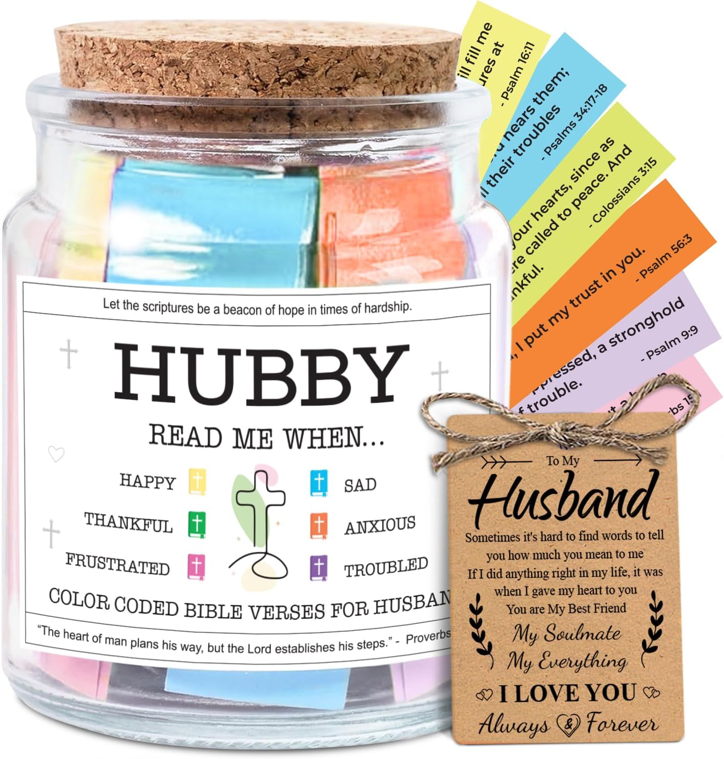 Inspirational Bible Verse Jar for Husband - Christian Gift for Men, Birthday, Anniversary & Valentine’s Day Present with Color-Coded Scripture Rolls
