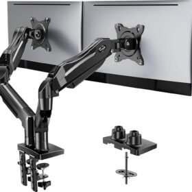 HUANUO Dual Monitor Stand – Full Motion Desk Mount for 13-32 inch Screens, VESA 75x100mm, Integrated Cable Management, C-Clamp & Grommet Base Included