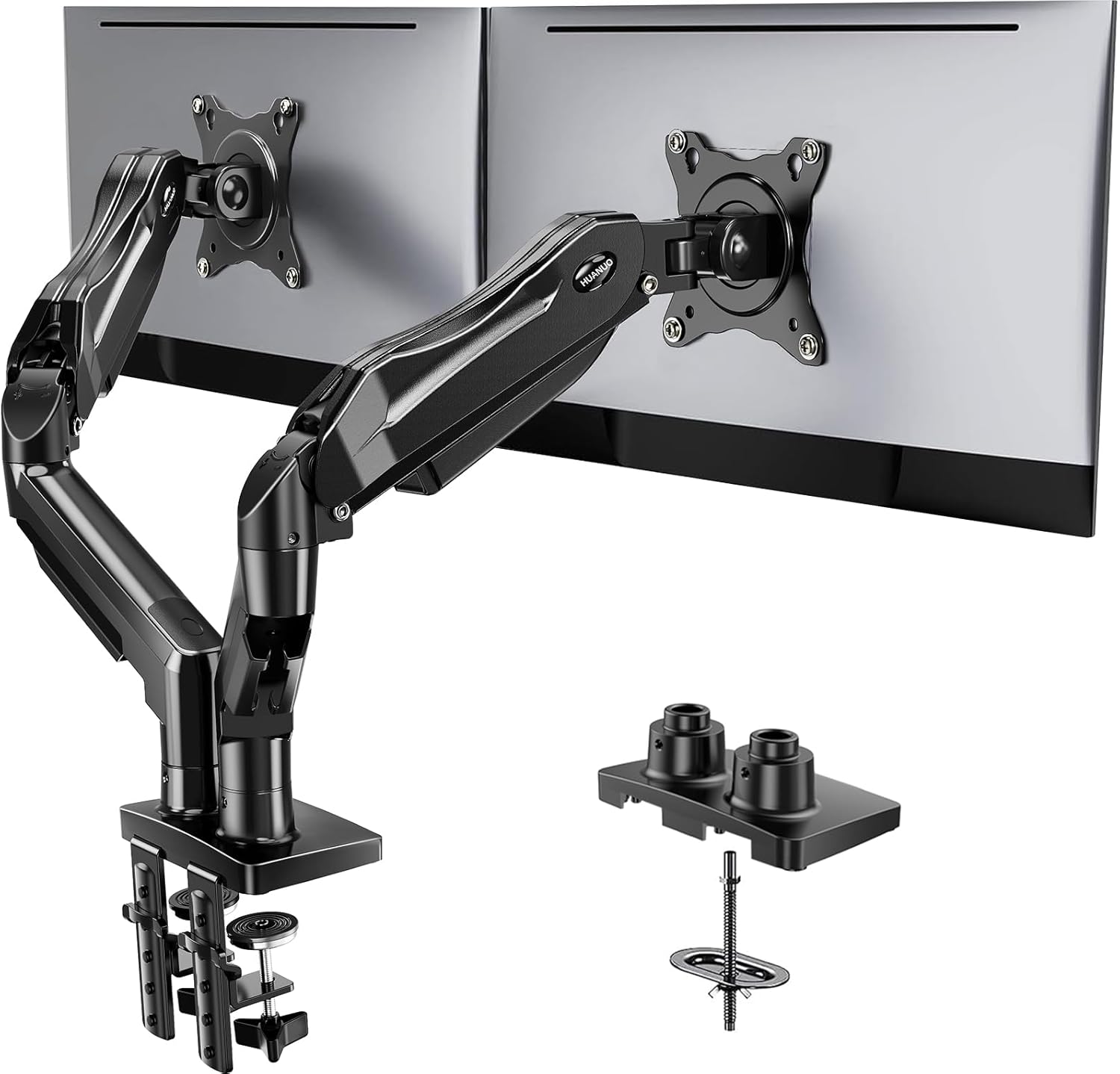 HUANUO Dual Monitor Stand – Full Motion Desk Mount for 13-32 inch Screens, VESA 75x100mm, Integrated Cable Management, C-Clamp & Grommet Base Included