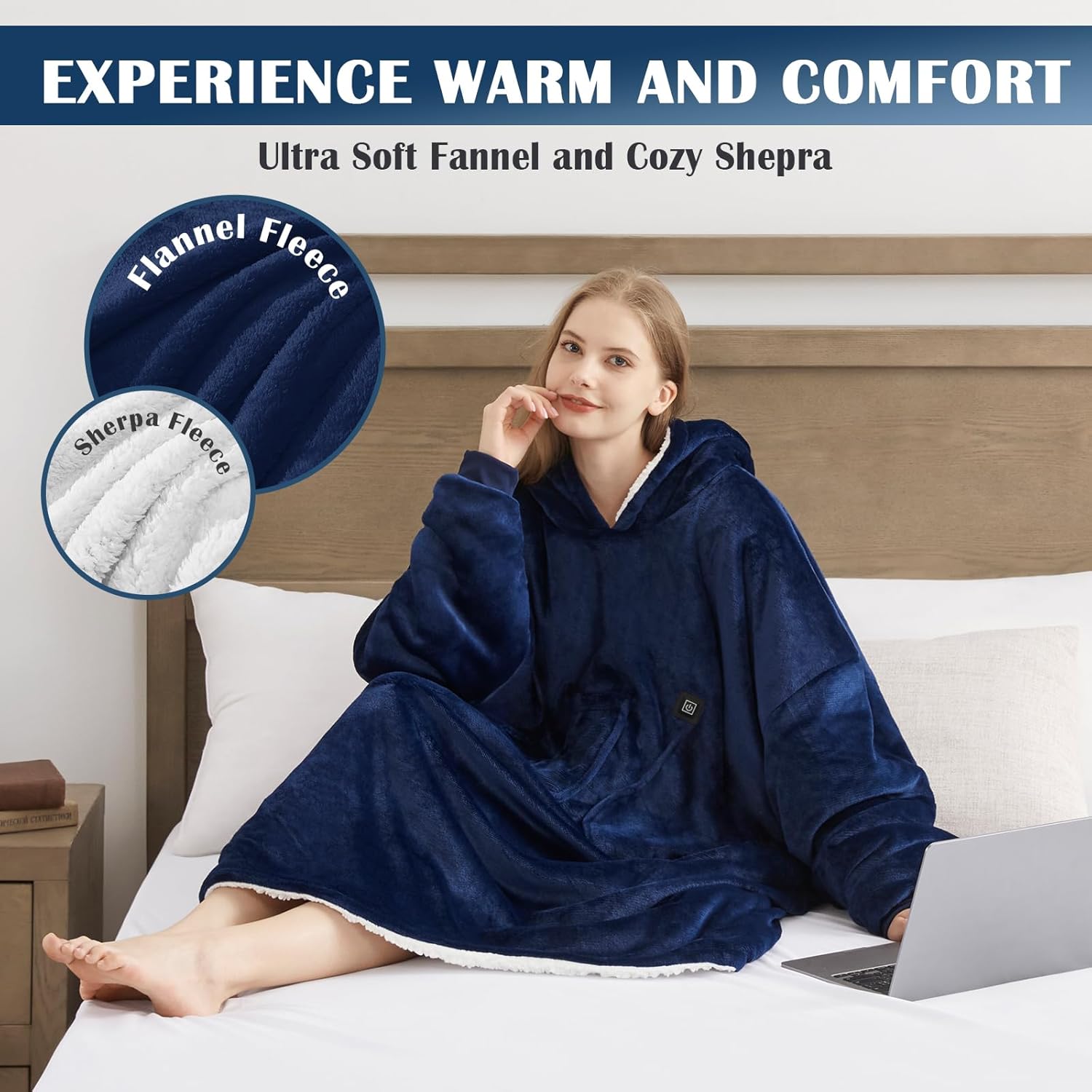 Homemate Heated Wearable Blanket Hoodie for Adults - Extra Large Oversized Electric Blanket with Battery Pack (7.4V UL Certified) - Portable Cordless Heated Shawl & Robe for Men & Women (Blue)