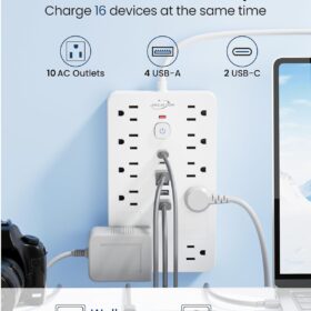 JouleLoom Surge Protector Power Strip – 10 AC Outlets & 6 USB Ports (2 USB-C), 1850J ETL Listed Extension Cord with Flat Plug & Wall Mount, 6 Ft