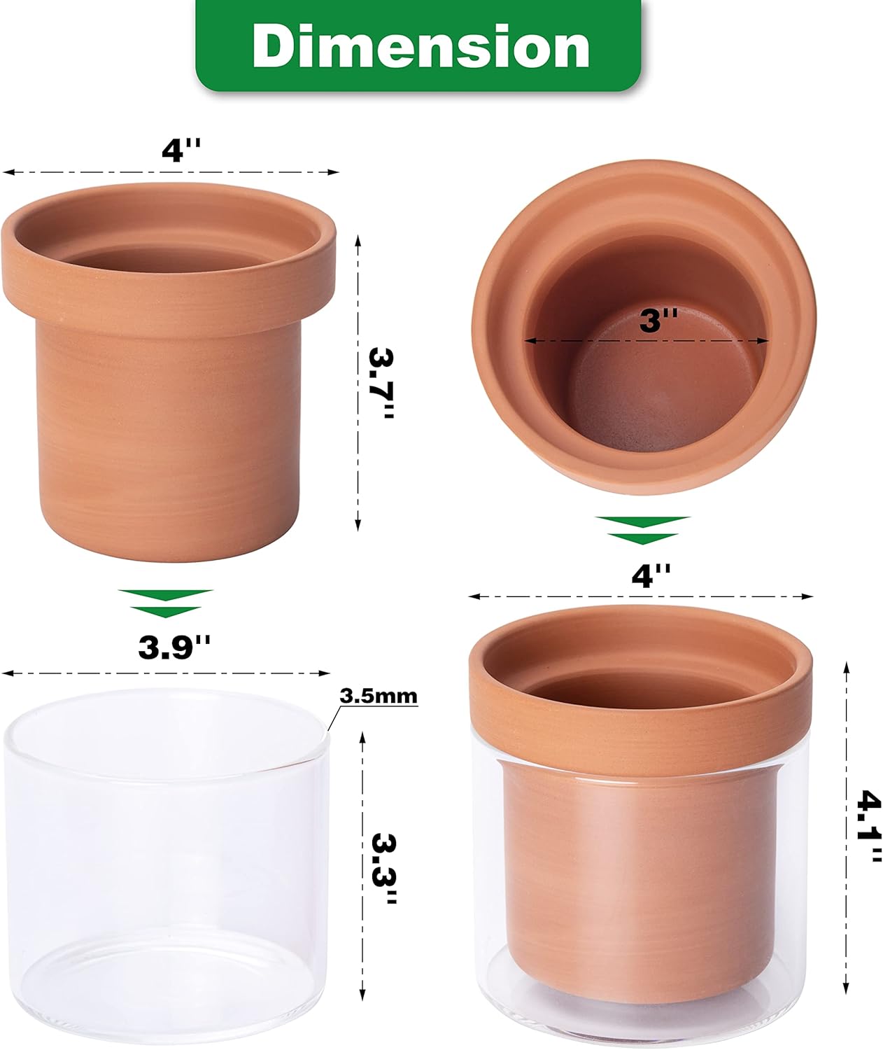 Phoenix Vine 4-Inch Self-Watering Planter – Terracotta Clay Pot with Glass Reservoir for Indoor Plants, Herbs, and Succulents