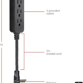 GE Designer 3-Outlet Power Strip with 1 Ft Braided Extension Cord, Flat Plug & Tangle-Resistant Fabric – Indoor Mini Cord for Home Office & Entertainment (Black, 45191)
