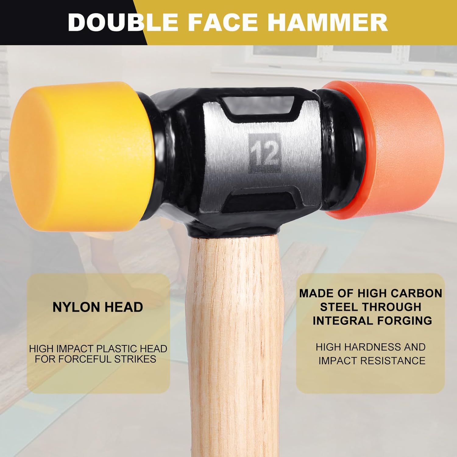 12oz Double-Face Mallet Hammer with Tapping Block – Soft Nylon & Plastic Head for Flooring, Furniture Assembly & Automotive Repair