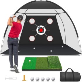 10x7FT Golf Practice Net with Target & Mat - Indoor/Outdoor Swing Training Aid, Durable Backyard Hitting Cage Set