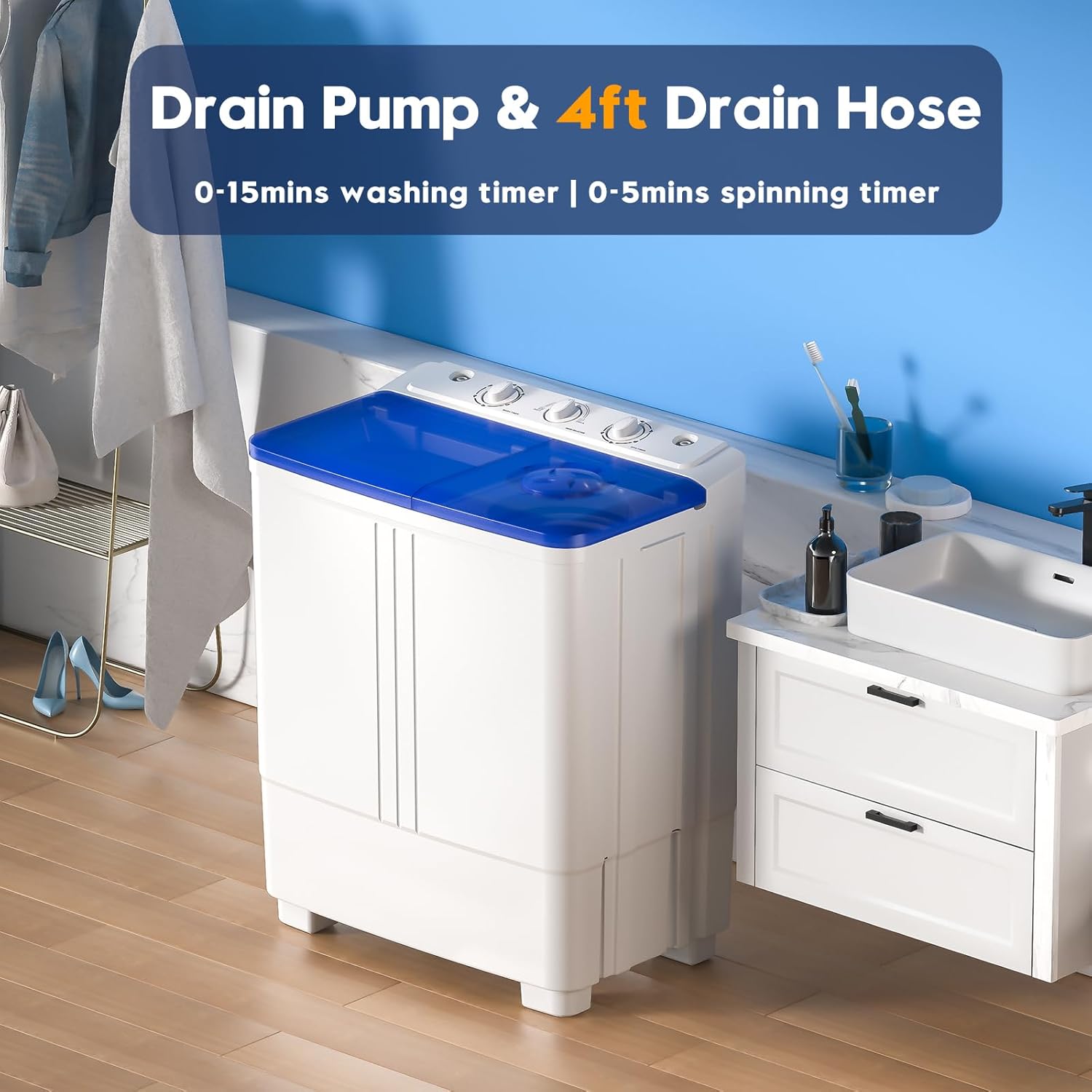 Aertech Portable Washing Machine – 20lbs Twin Tub Compact Laundry Washer with Spin Dryer, Built-in Drain Pump, and Semi-Automatic Timer Control for Apartments, Dorms, and RVs