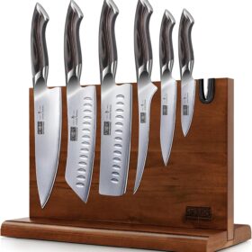 HOSHANHO 7-Piece High Carbon Stainless Steel Knife Set with Magnetic Acacia Block