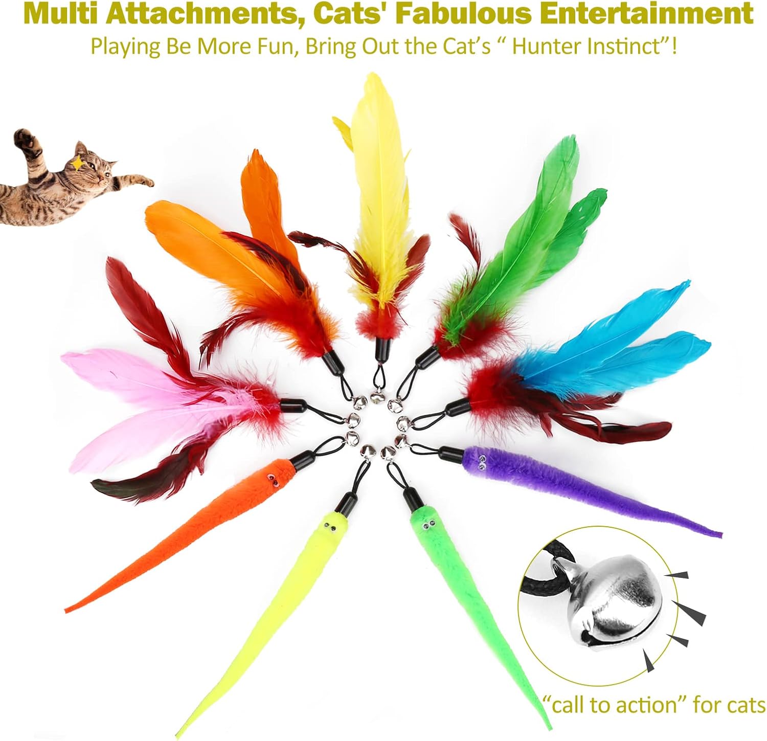 Cat Wand Toy Set for Indoor Cats - Retractable Interactive Teaser with 9 Feather Refills, Ideal for Kittens & Adult Cats