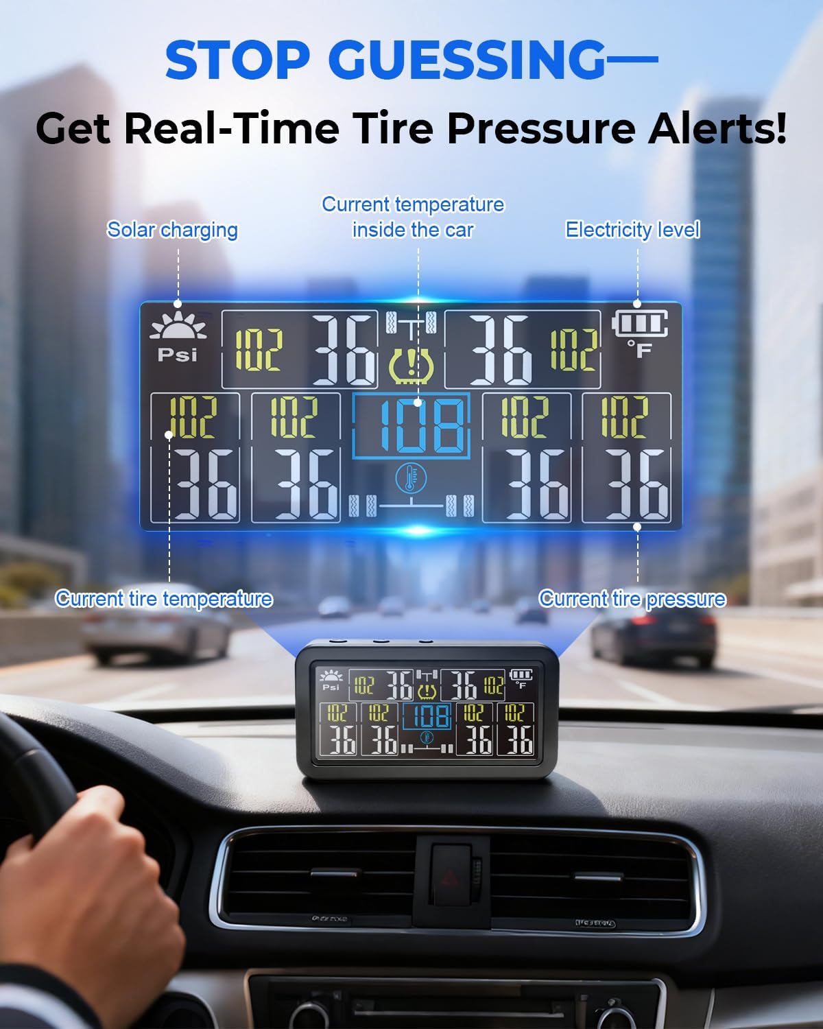 6-Wheel RV & Truck TPMS with 4in Solar LCD Display | Real-Time Tire Pressure Monitoring System Kit