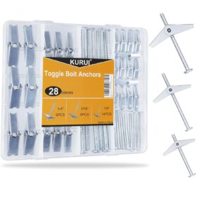 KURUI 28Pcs Heavy Duty Toggle Bolts Kit – Zinc Plated Steel Butterfly Drywall Anchors Assortment for Hanging Curtains, Pictures, and Shelves (1/8", 3/16", 1/4")