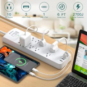 Addtam 14-Outlet Surge Protector Power Strip – 10 AC Outlets & 4 USB Ports (1 USB-C), 2700J Protection, 6ft Flat Plug Extender, ETL Listed, Wall Mountable, White