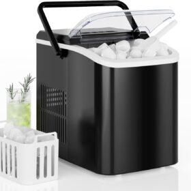 DUMOS Countertop Ice Maker with Handle - 26 lbs/Day Portable Ice Machine, Self-Cleaning, 9 Cubes in 6 Mins, Quiet Compact Bullet Ice Maker for Kitchen, Home, Bar, RV & Camping (Black)