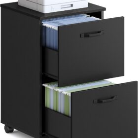 VASAGLE Ink Black Mobile File Cabinet with Lock – 2-Drawer Rolling Filing Cabinet & Printer Stand for Home Office (Fits Letter/A4)