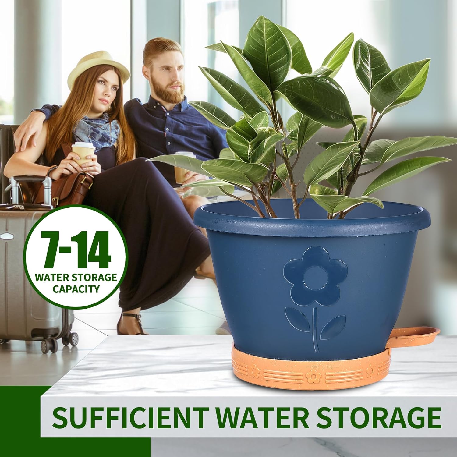 Set of 4 Self-Watering Plant Pots, 10 Inch Plastic Planters with Saucer & Drainage Holes, Indoor/Outdoor Flower Pots & Reservoir for All Plants (Modern Black)