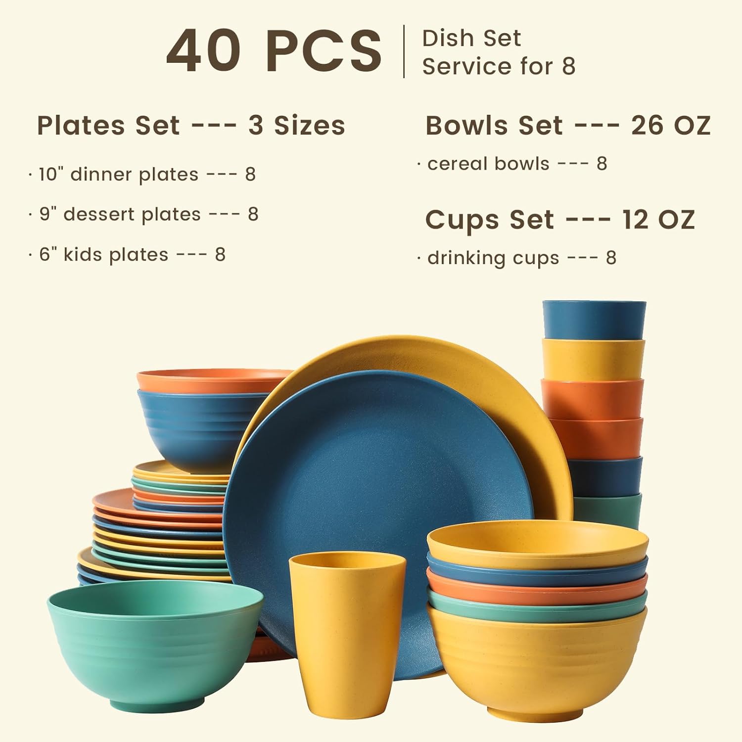 Homienly 40-Piece Wheat Straw Dinnerware Set – Unbreakable, Lightweight Service for 8 with Microwave & Dishwasher Safe Plates, Bowls, and Cups