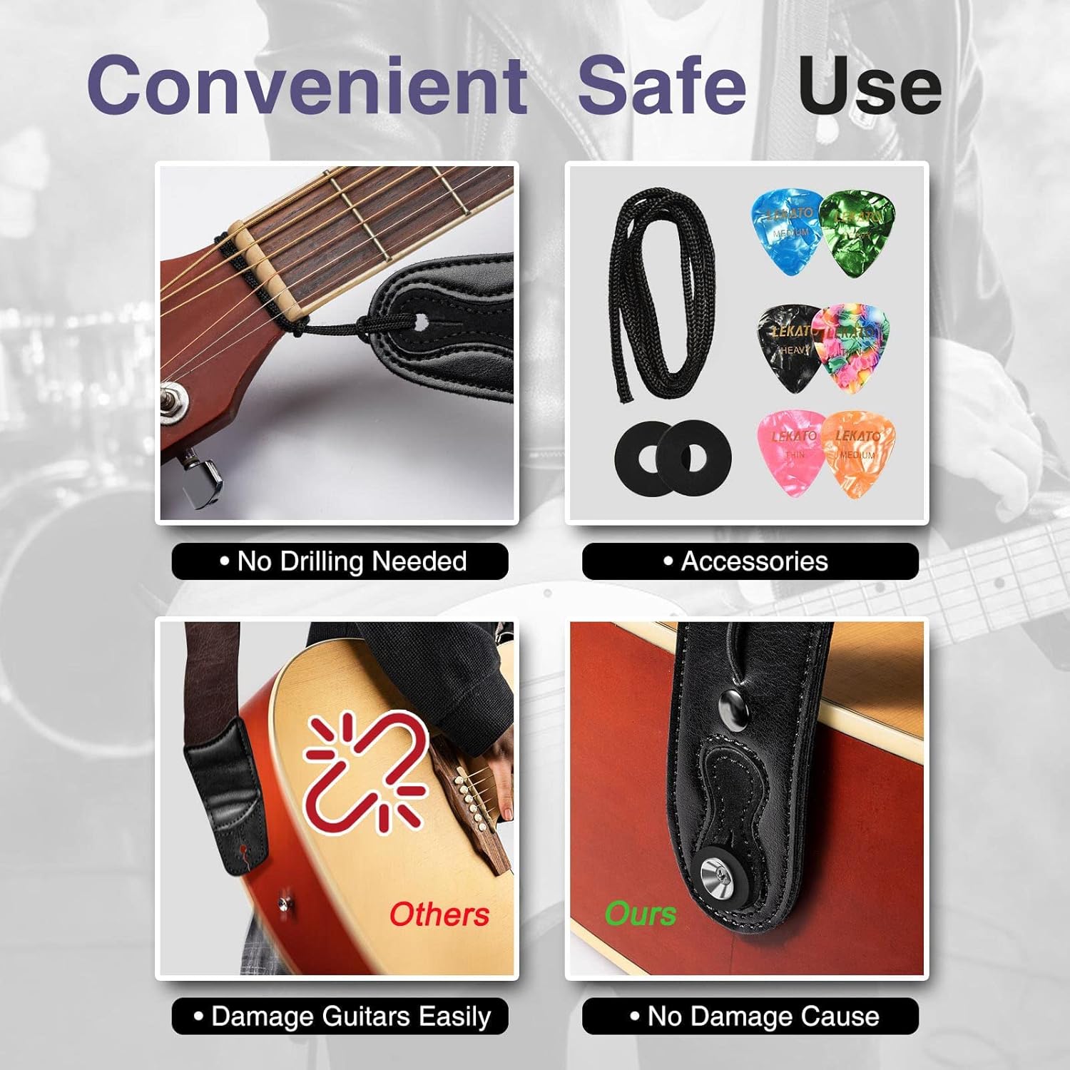 LEKATO Flower Guitar Strap for Bass & Electric - 2 Inch Vintage Woven Cotton Strap with Leather Ends, Pick Holder & Strap Locks Included