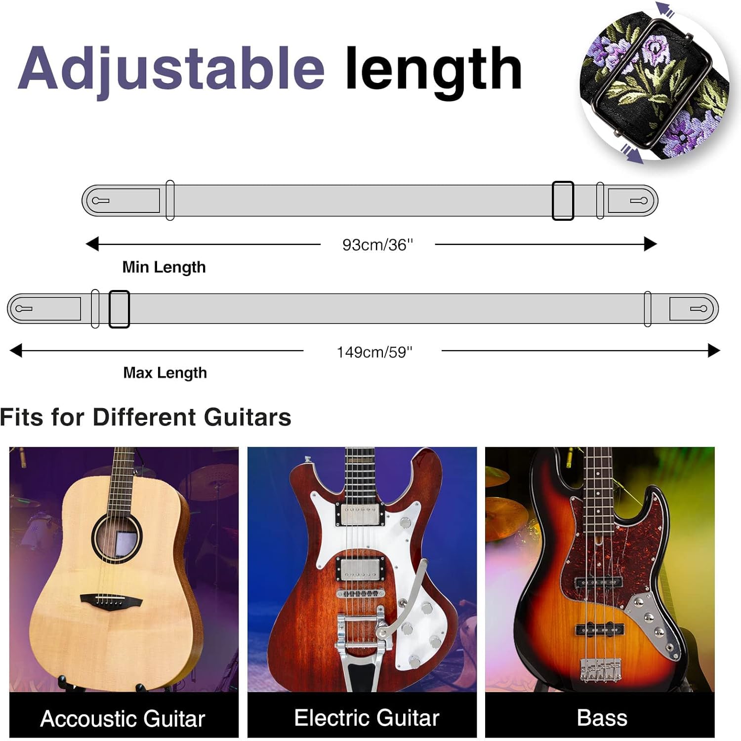 LEKATO Flower Guitar Strap for Bass & Electric - 2 Inch Vintage Woven Cotton Strap with Leather Ends, Pick Holder & Strap Locks Included