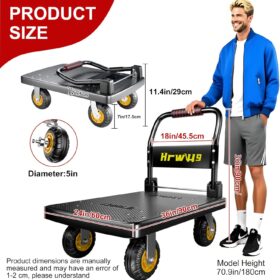 Heavy Duty Folding Platform Truck – 1200 lbs Capacity Flatbed Cart with 360° Swivel Wheels & Textured Surface – Industrial Strength Push Dolly for Warehouse, Garage, and Office Moves (Black)