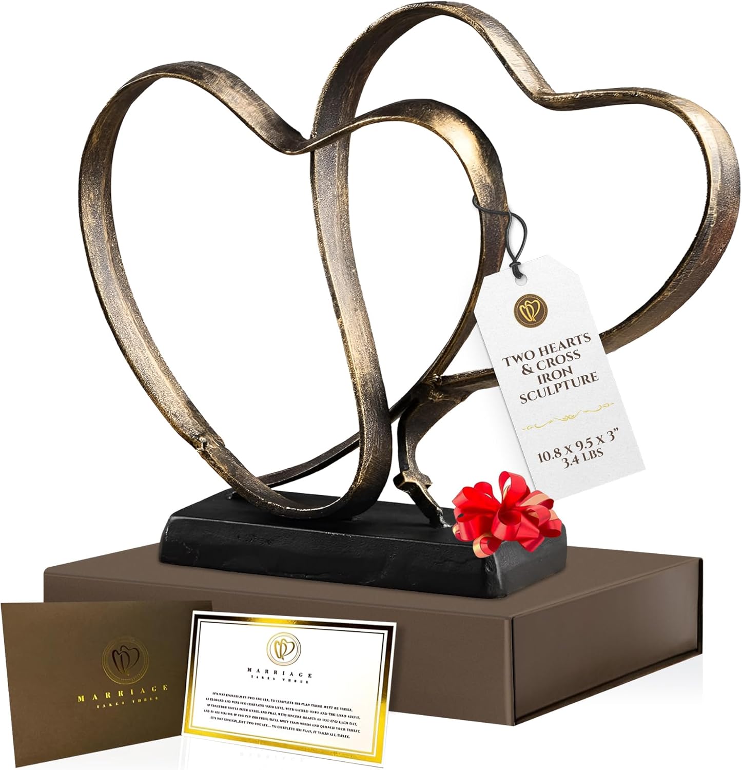 Two Hearts & Cross Iron Sculpture – Handcrafted Wedding Anniversary Gift for Couples with Keepsake Box & Poem Card