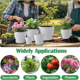 Set of 6 Indoor Plant Pots with Saucers – Multi-Sized White Plastic Planter Set with Drainage Holes for Indoor, Outdoor, and Window Sill Gardening