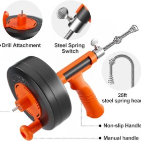 25FT Drain Snake Auger with Drill Adapter - Flexible Steel Plumbing Tool for Sink, Shower & Bathtub Clogs - Manual or Powered Use