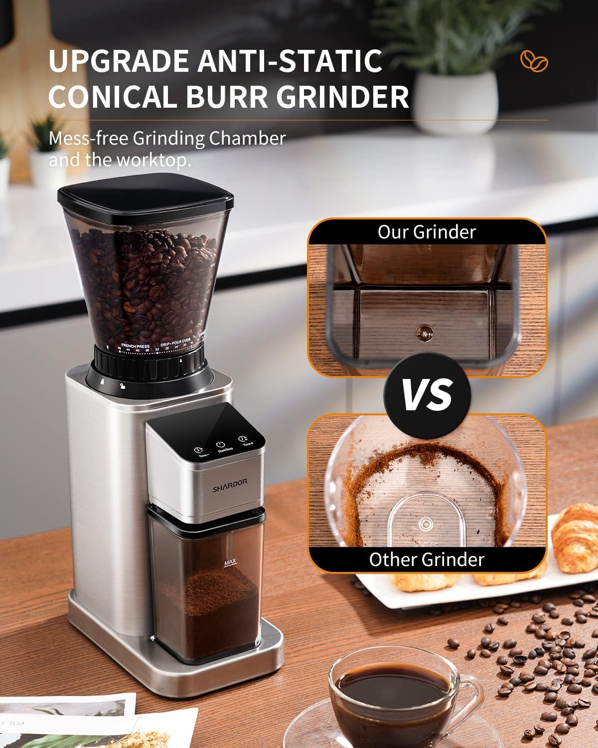 SHARDOR Conical Burr Coffee Grinder - 48 Precision Settings with Anti-Static Technology, Electric Espresso Grinder with Timer & Stainless Steel Burr for Drip & French Press