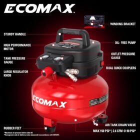 ECOMAX 6 Gallon 150 PSI Pancake Air Compressor - Portable Oil-Free Electric Air Compressor with 10-Piece Accessory Kit, Ideal for DIY and Automotive Repair