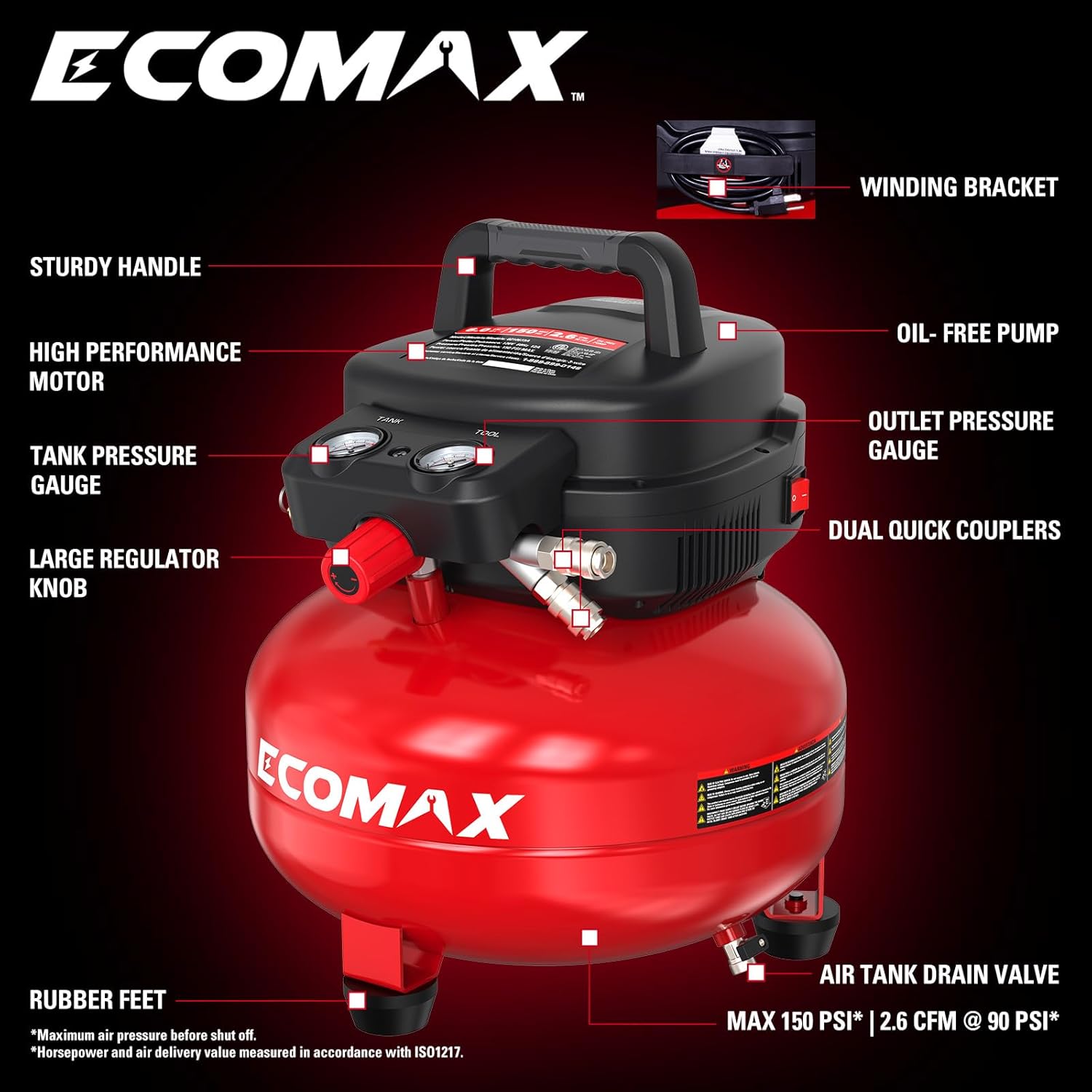 ECOMAX 6 Gallon 150 PSI Pancake Air Compressor - Portable Oil-Free Electric Air Compressor with 10-Piece Accessory Kit, Ideal for DIY and Automotive Repair