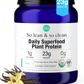 ORA Organic Vegan Protein Powder - Superfood Pea Protein with 23g Protein, Digestive Enzymes, & No Bloating - Non-GMO, Gluten Free, Vanilla (20 Servings)