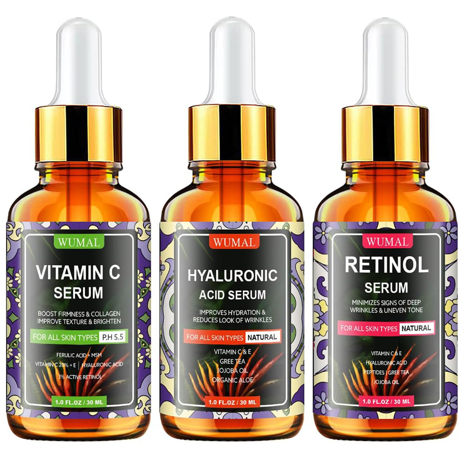 3-Piece Anti-Aging Face Serum Set – Vitamin C, Retinol & Hyaluronic Acid for Brightening, Firming & Hydrating