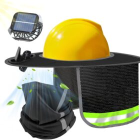 Solar Powered Cooling Hard Hat Accessory with Full Brim Sun Shade & Neck Shield - Rechargeable Dual-Mode Fan for Construction, Fishing, and Outdoor Work