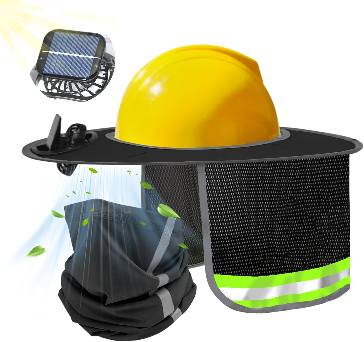 Solar Powered Cooling Hard Hat Accessory with Full Brim Sun Shade & Neck Shield - Rechargeable Dual-Mode Fan for Construction, Fishing, and Outdoor Work