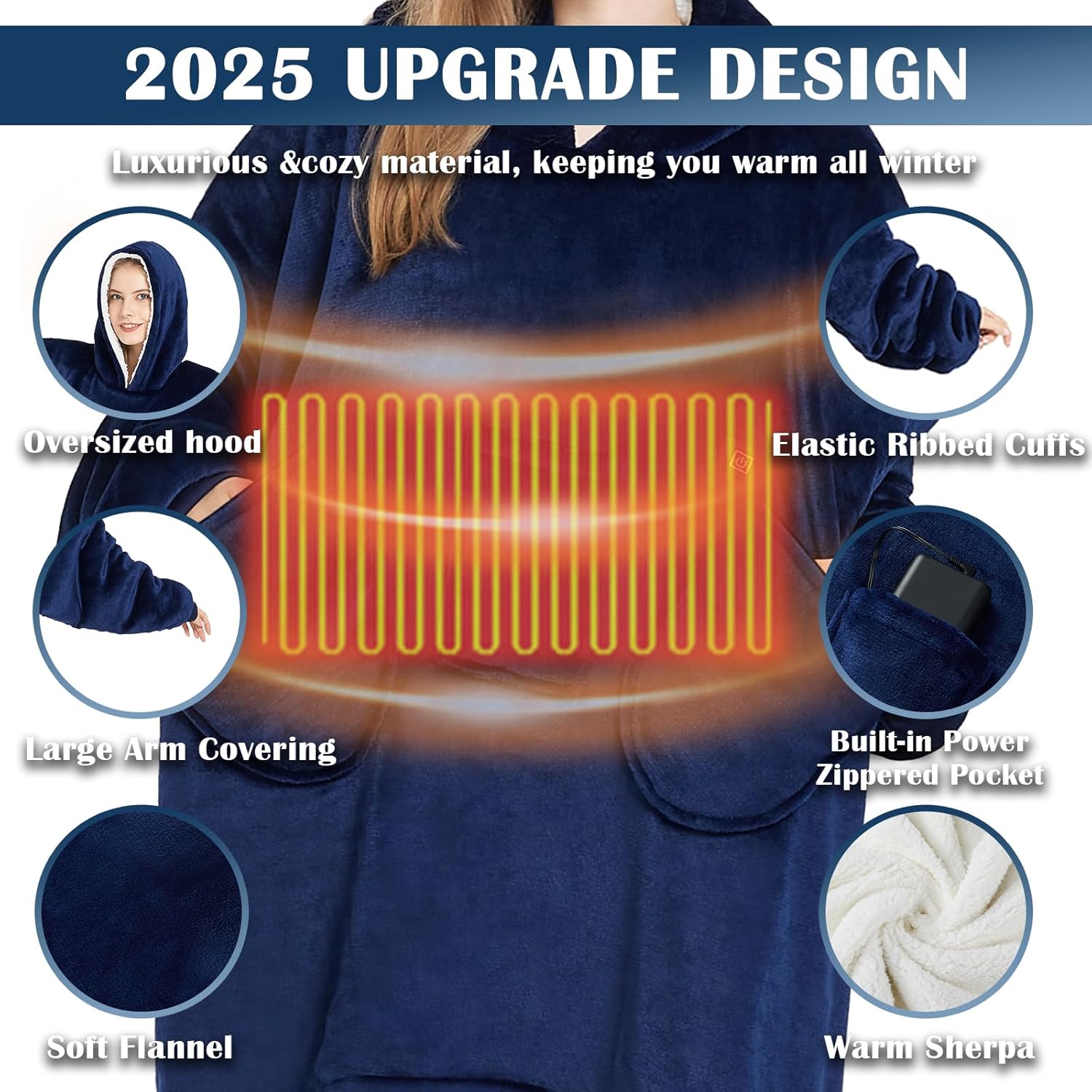 Homemate Heated Wearable Blanket Hoodie for Adults - Extra Large Oversized Electric Blanket with Battery Pack (7.4V UL Certified) - Portable Cordless Heated Shawl & Robe for Men & Women (Blue)