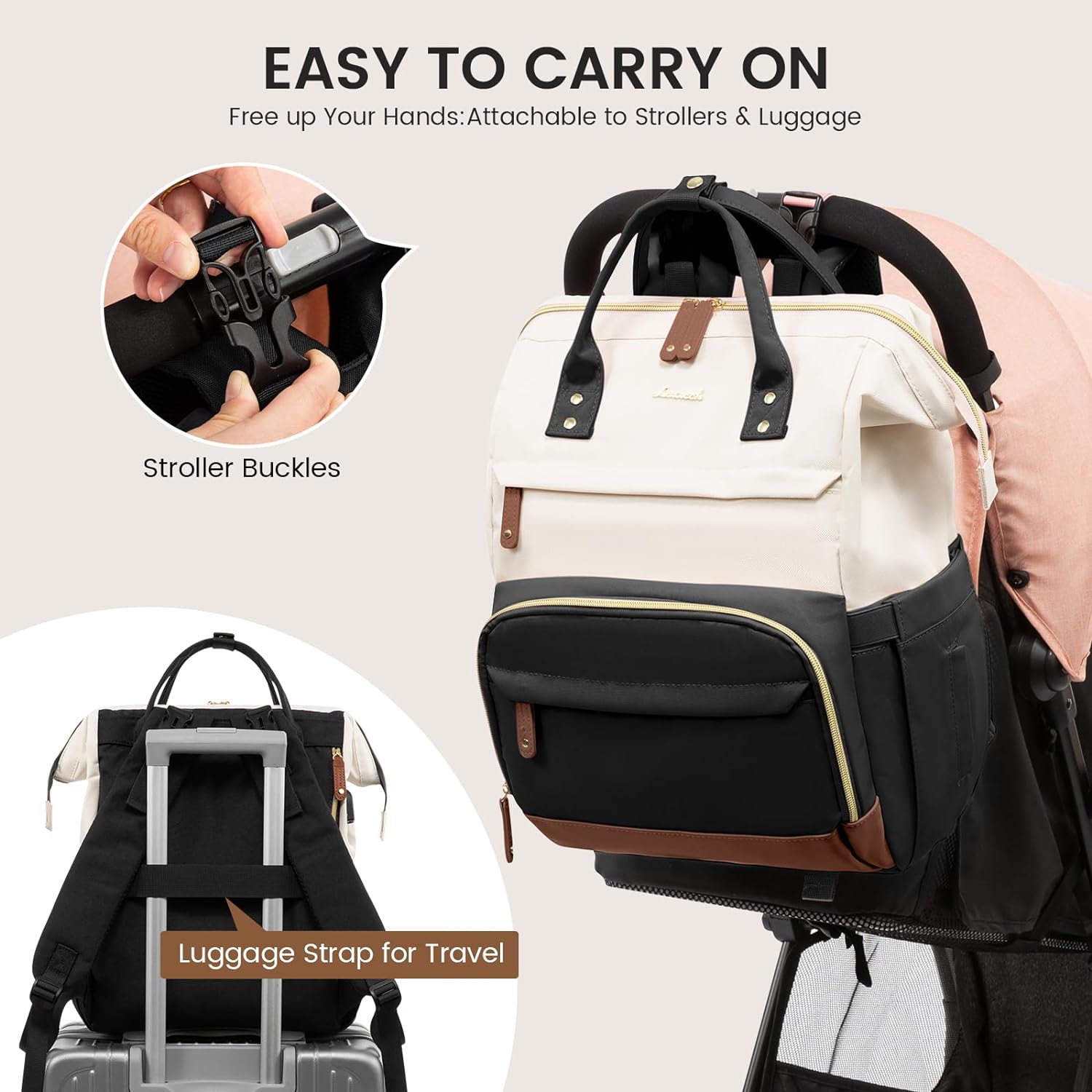 LOVEVOOK Diaper Bag Backpack with Changing Station – Large 16-Pocket Waterproof Travel Bag for Mom & Dad, Black-Beige