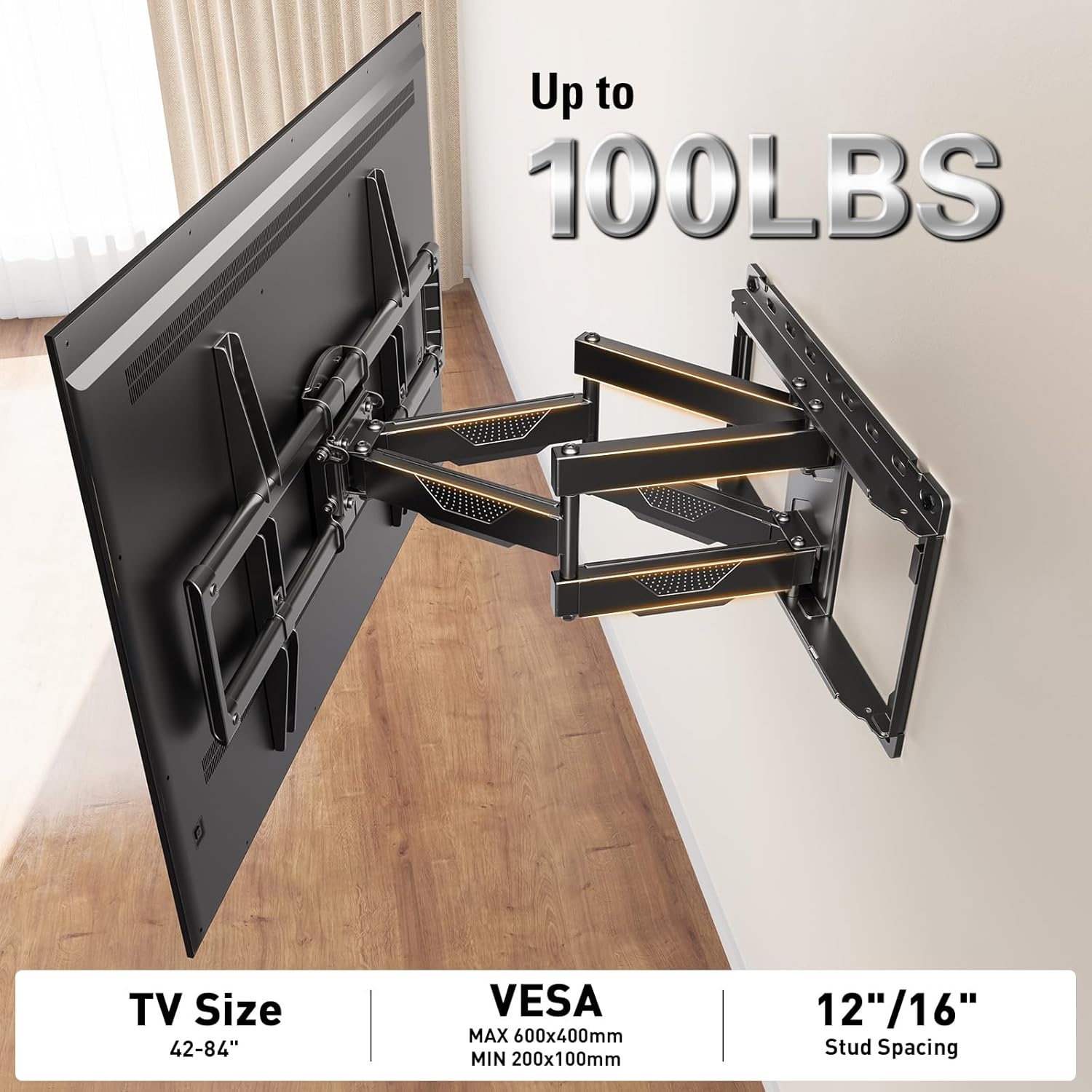 Mounting Dream MD2617 Full Motion TV Wall Mount - Articulating Dual Arm for 42-84 Inch TVs, Heavy Duty Steel Bracket, Swivel, Tilt & Rotate, Fits 16 inch Studs, Max VESA 600x400mm