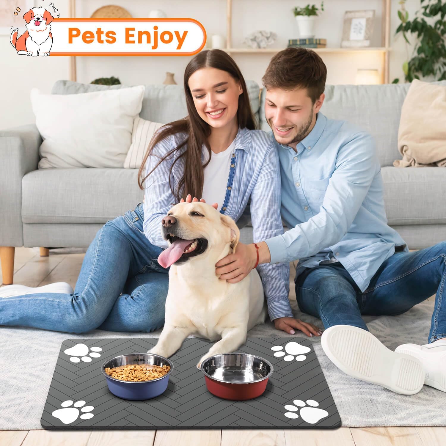 Premium Absorbent Pet Feeding Mat - Waterproof & Non-Slip Dog Cat Placemat - Quick Dry Food Bowl Mat for Floor Protection - Washable & Durable (Dark Gray Striped, 20"x12")