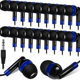 Kanayu 100-Pack Bulk Wired Earbuds – Individually Bagged 3.5mm Jack Headphones for Schools, Classrooms, Libraries & Travel (Dark Blue)