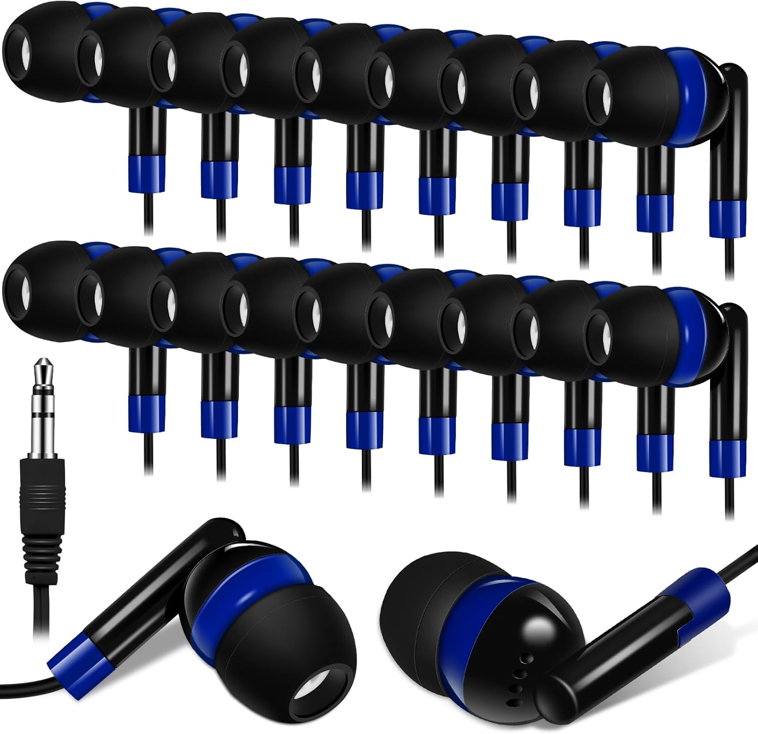 Kanayu 100-Pack Bulk Wired Earbuds – Individually Bagged 3.5mm Jack Headphones for Schools, Classrooms, Libraries & Travel (Dark Blue)