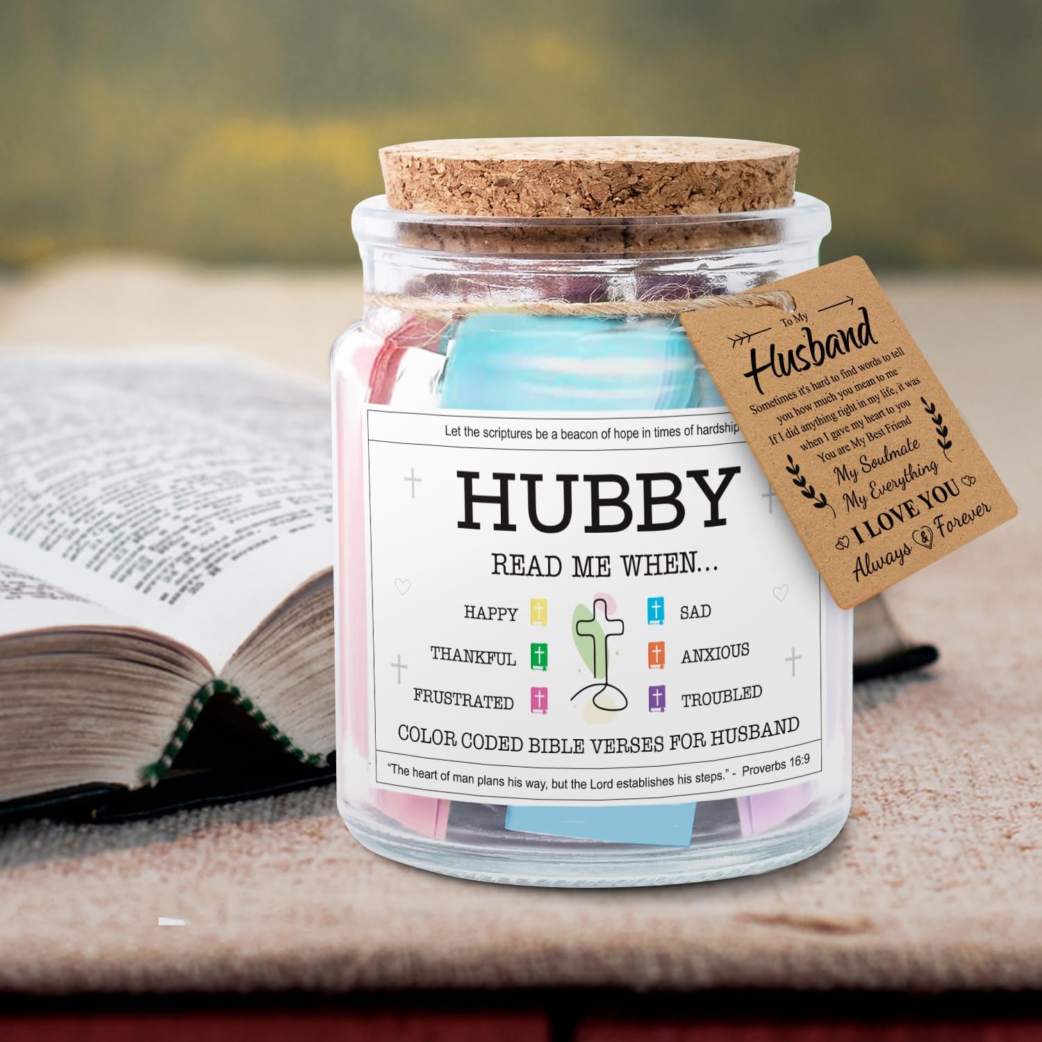 Inspirational Bible Verse Jar for Husband - Christian Gift for Men, Birthday, Anniversary & Valentine’s Day Present with Color-Coded Scripture Rolls