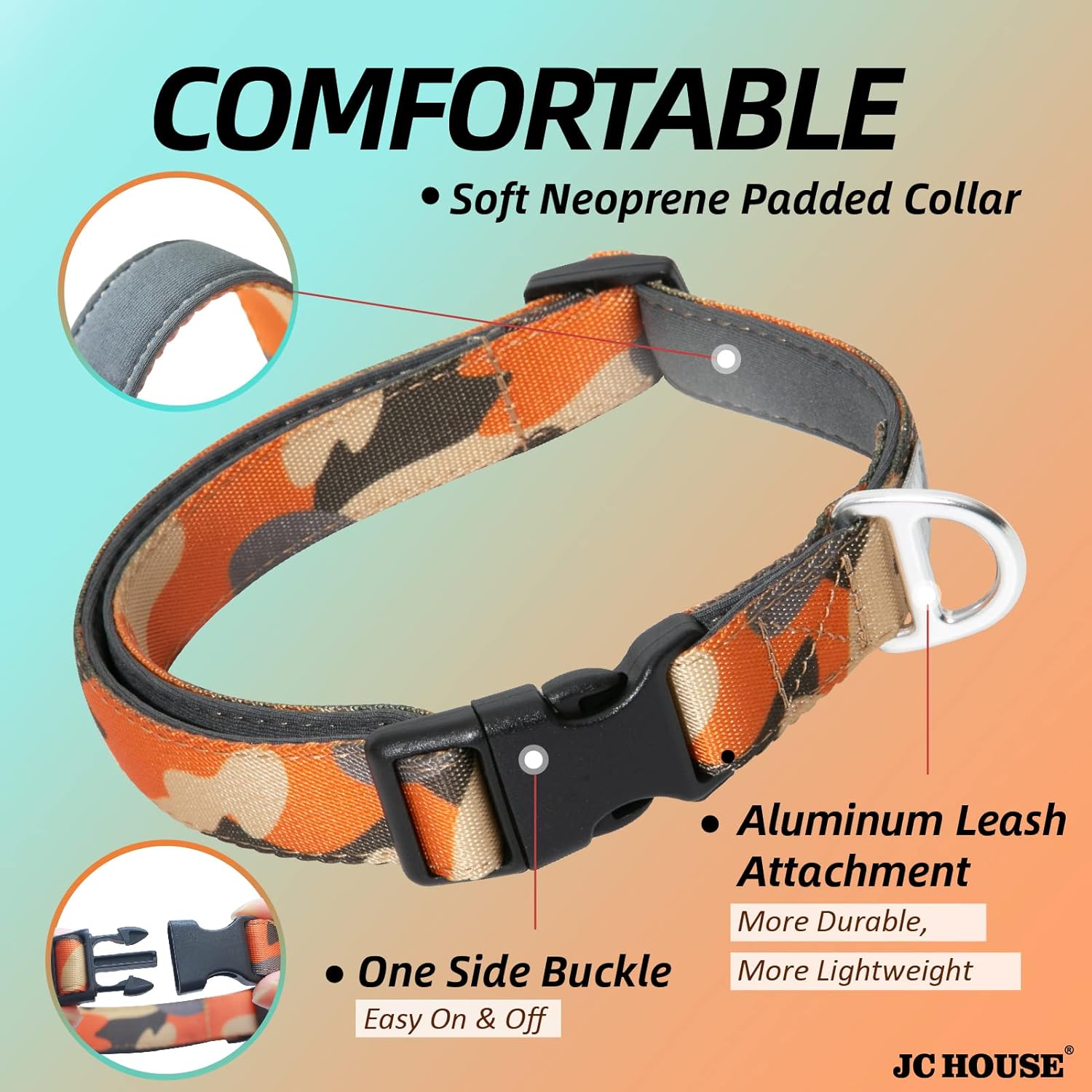 Heavy Duty Neoprene Padded Dog Collar with 3M Reflective Safety – Adjustable Camo Orange Neckband for Medium & Large Breeds (16”-25”)