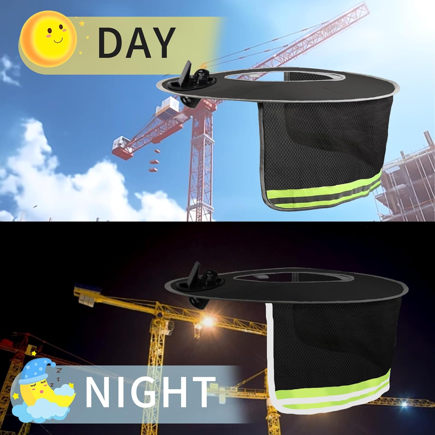 Solar Powered Cooling Hard Hat Accessory with Full Brim Sun Shade & Neck Shield - Rechargeable Dual-Mode Fan for Construction, Fishing, and Outdoor Work