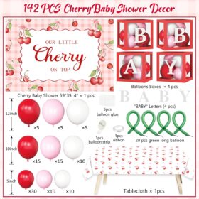 Cherry Baby Shower Decorations for Girls - 142pc 'Our Little Cherry On Top' Party Supplies with Balloon Arch, Backdrop & Decor Boxes