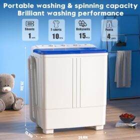 Aertech Portable Washing Machine – 20lbs Twin Tub Compact Laundry Washer with Spin Dryer, Built-in Drain Pump, and Semi-Automatic Timer Control for Apartments, Dorms, and RVs