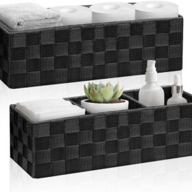 2-Pack Small Woven Storage Baskets with Lids - Decorative Organizer Bins for Shelves, Bathroom, Pantry, and Laundry - Waterproof, Sturdy Fabric with Handles (Black, 13Qt)