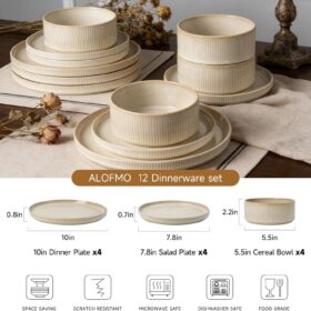 ALOFMO Ribbed Stoneware Dinnerware Set - Service for 4 (12-Piece), Chip & Scratch Resistant Plates and Bowls - Dishwasher & Microwave Safe Tableware - Elegant Beige