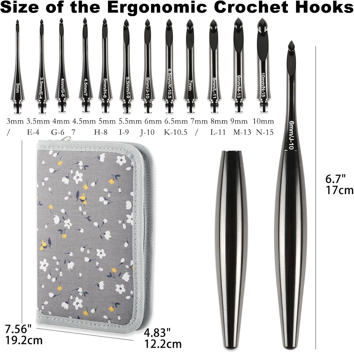 Svartur Interchangeable Crochet Hook Set – 12-Piece Aluminum Kit with Ergonomic Handle, Sizes E-4 to N-15 (3mm–10mm), Includes Portable Storage Case