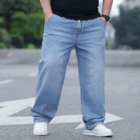 Men's Plus Size Baggy Jeans with Elastic Waist - Loose Fit Drawstring Denim Sweatpants